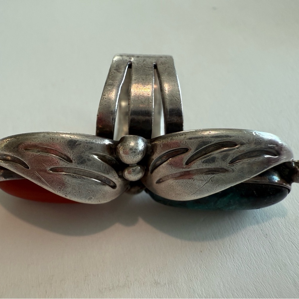 Tony Sanchez Handmade Sterling Silver Turquoise & Coral Leaf Ring Size 5.5 - Picture 6 of 7
